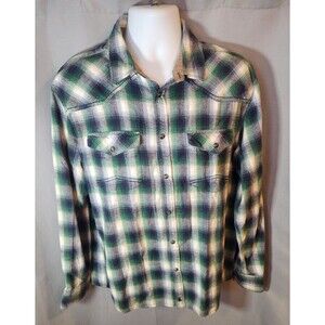 Cody James Flannel Shirt Men Large Blue Green Regular Fit Pearl Snap Western